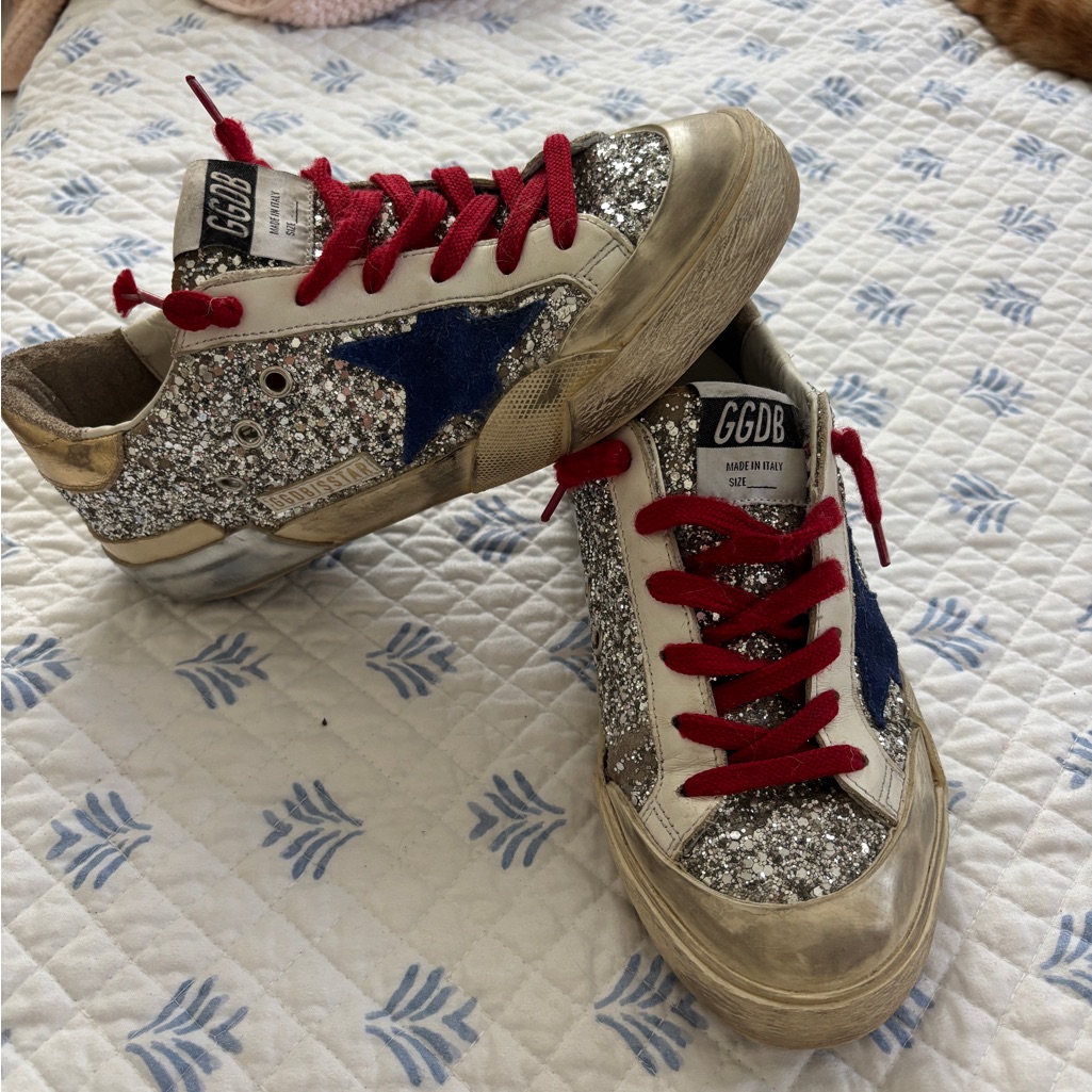 Golden Goose Silver Glitter Sneakers With Blue Star And Red Laces
